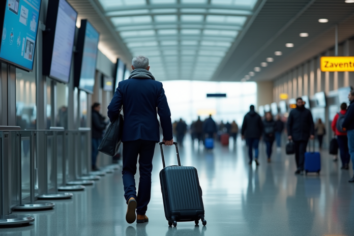 voyageur-aeroport-zaventem Homme d'âge moyen dans un aéroport vérifiant les écrans