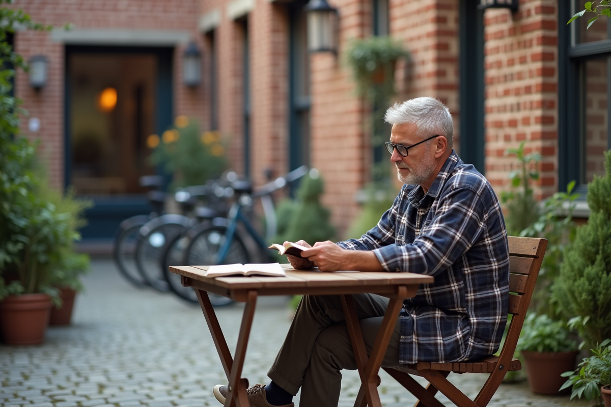 Voyageur seul lisant dans une cour intérieure paisible