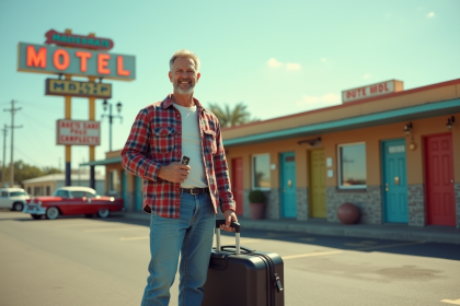 Homme d'âge moyen avec clé et valise devant motel vintage