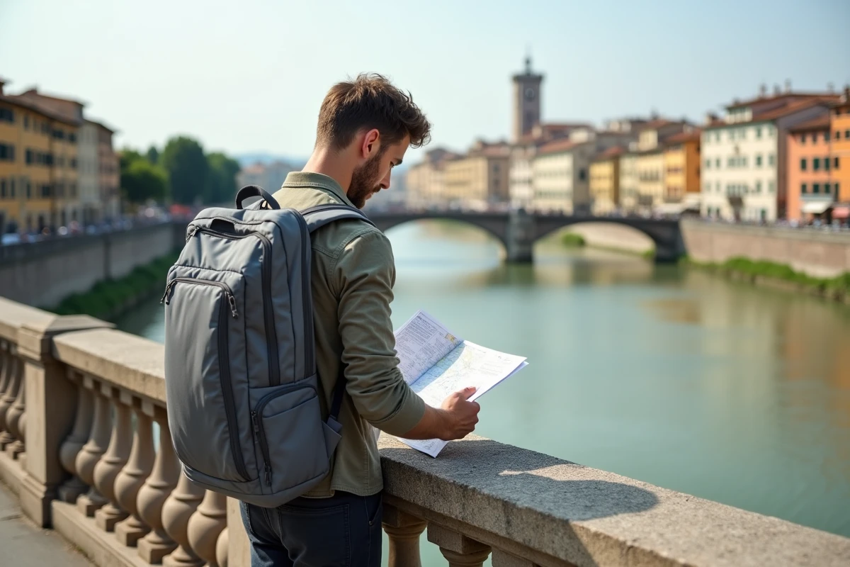Voyageur consultant une carte sur le Ponte di Mezzo avec vue sur l'Arno à Pise