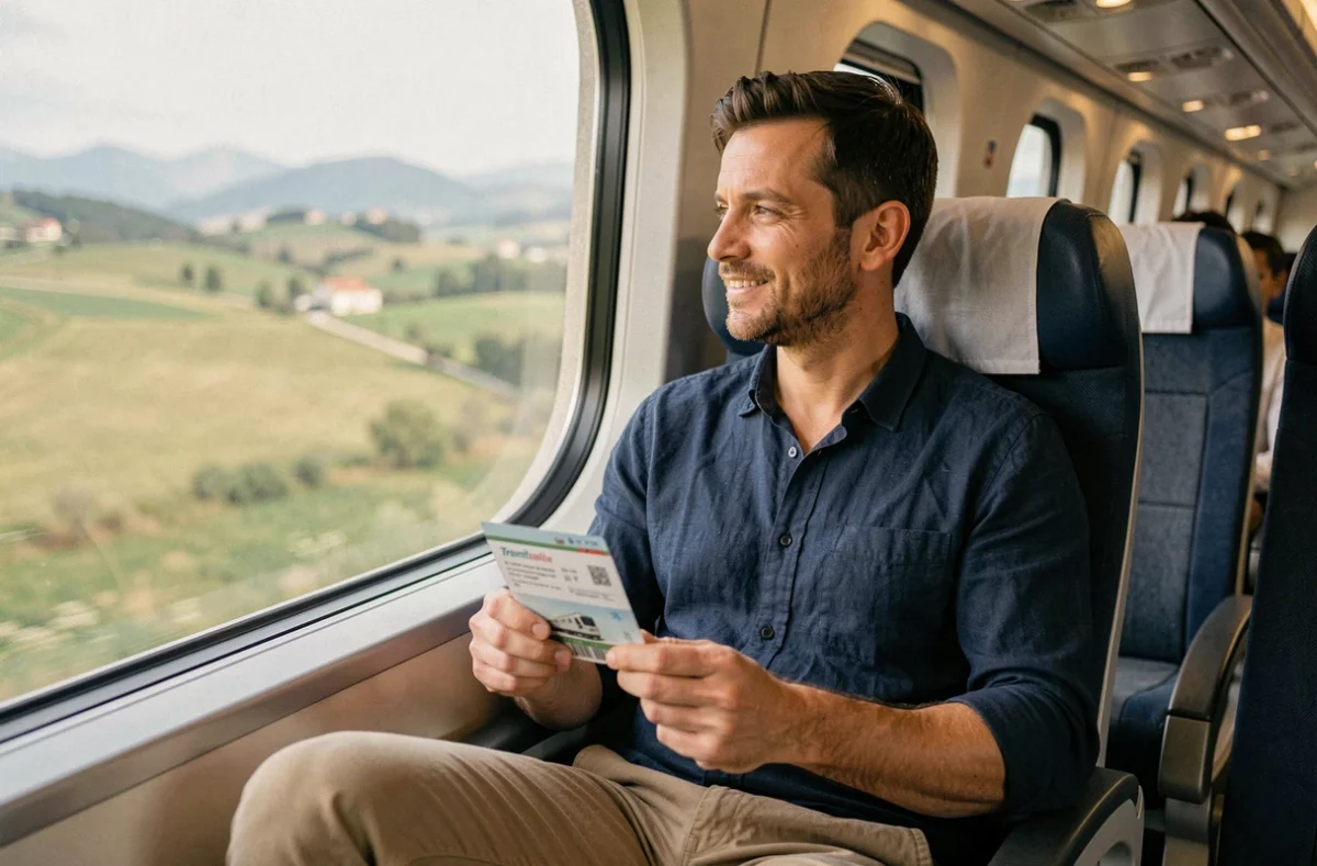 Voyageur dans un train Trenitalia en route depuis Rome vers Pise tenant un billet de train
