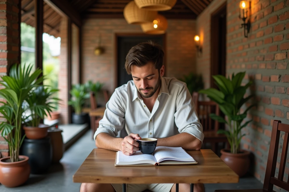 Voyageur planifiant son premier jour à Bali dans un warung traditionnel avec café et carnet