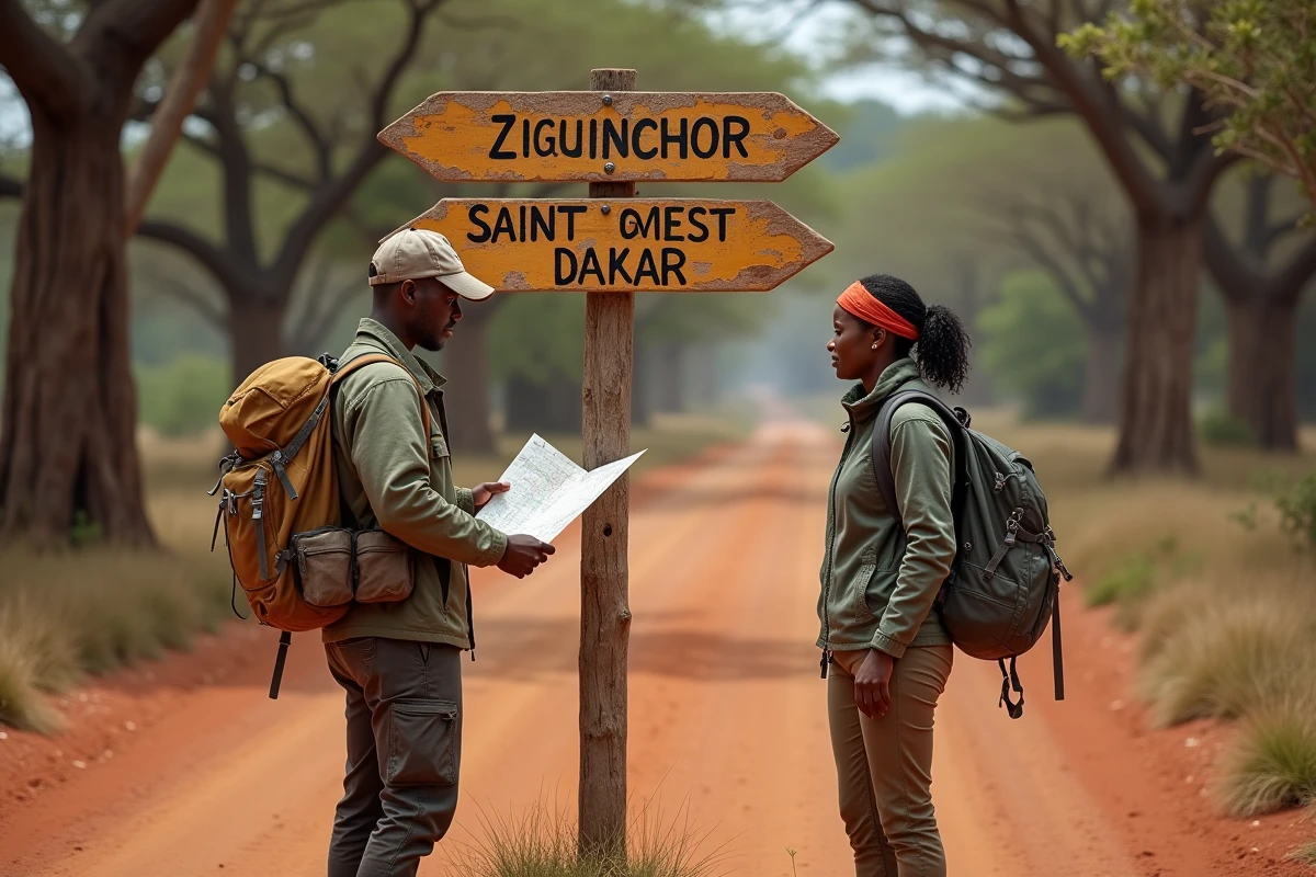 Deux voyageurs consultant une carte devant un panneau indicateur en Casamance au Sénégal entouré de baobabs