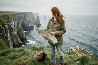 Jeune voyageuse avec sac à dos sur les falaises sauvages d'Irlande tenant une carte papier, paysage côtier dramatique