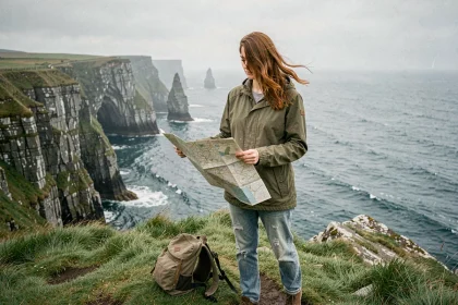 Jeune voyageuse avec sac à dos sur les falaises sauvages d'Irlande tenant une carte papier, paysage côtier dramatique