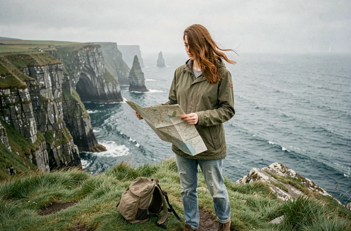 Jeune voyageuse avec sac à dos sur les falaises sauvages d'Irlande tenant une carte papier, paysage côtier dramatique