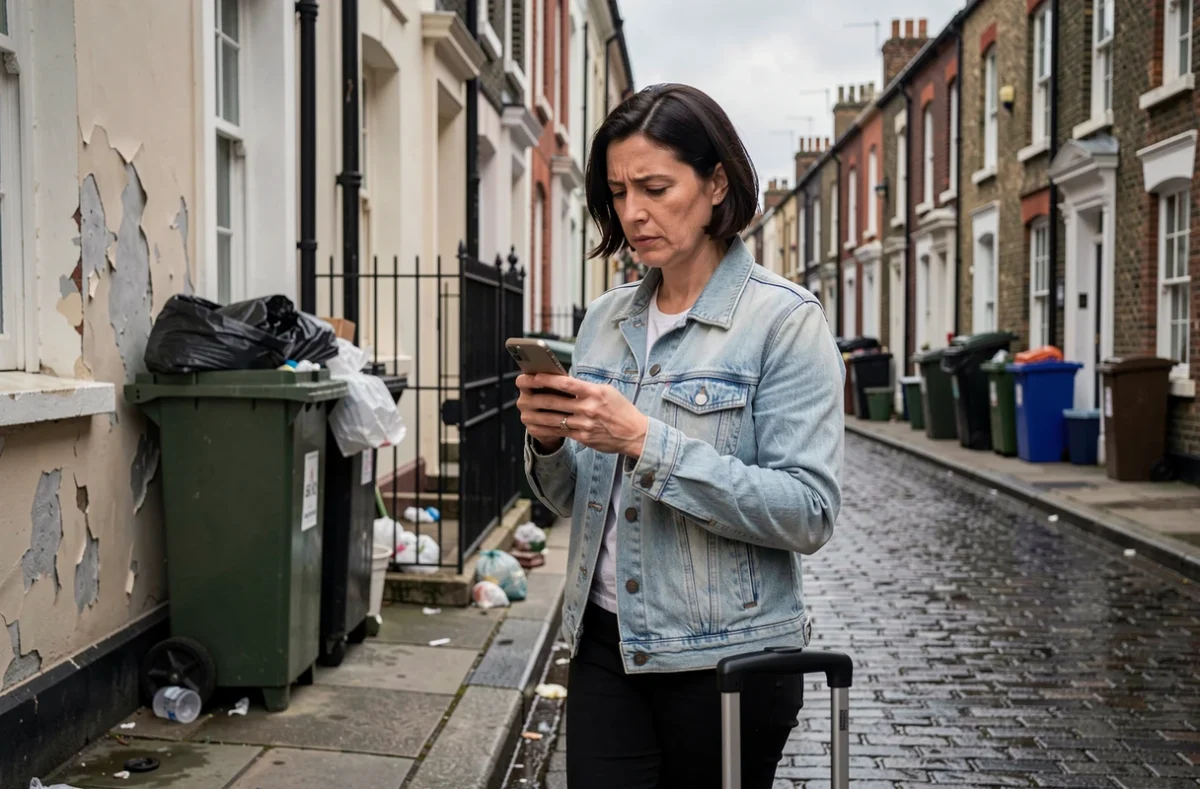 Femme voyageuse hésitante dans une ruelle défavorisée de Londres avec valise et smartphone