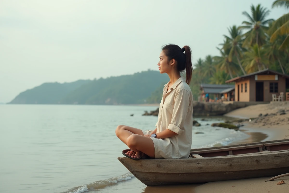 Voyageuse solo assise sur un bateau traditionnel à Lovina Bali, regard contemplatif vers la mer calme, atmosphère paisible de voyage hors saison