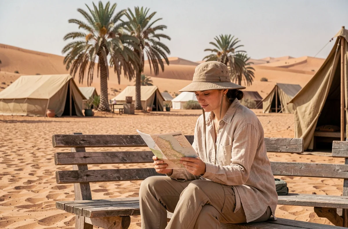 Voyageuse solo consultant une carte à l'entrée d'un camp de désert à Ksar Ghilane, avec des palmiers et des dunes en arrière-plan