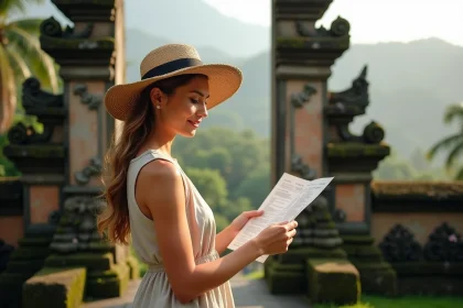 Voyageuse consultant son programme de voyage devant un temple balinais au lever du soleil
