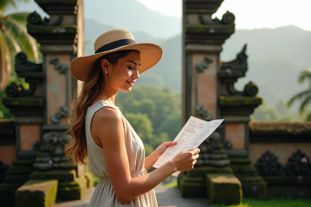 Voyageuse consultant son programme de voyage devant un temple balinais au lever du soleil