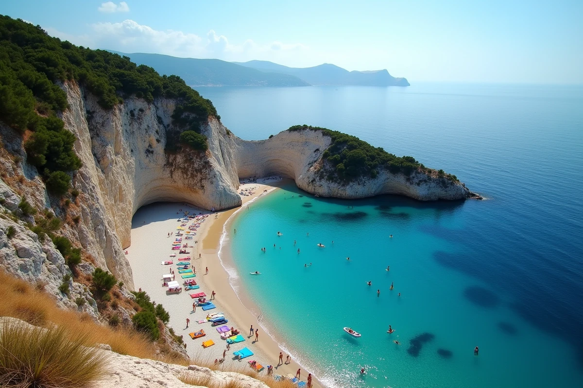 Vue panoramique depuis une falaise sur une plage de sable de Skopelos avec nageurs dans la mer Égée