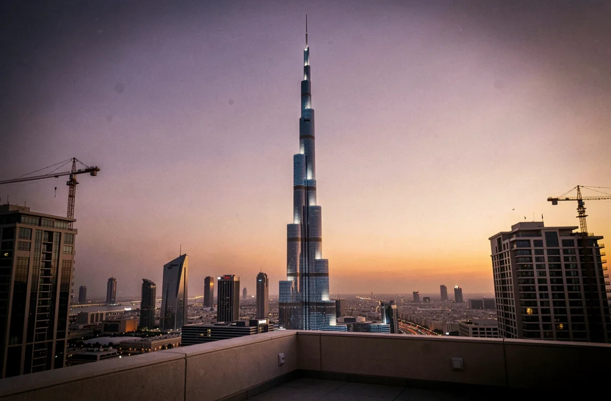 Vue panoramique du Burj Khalifa au crépuscule depuis une terrasse de Dubaï