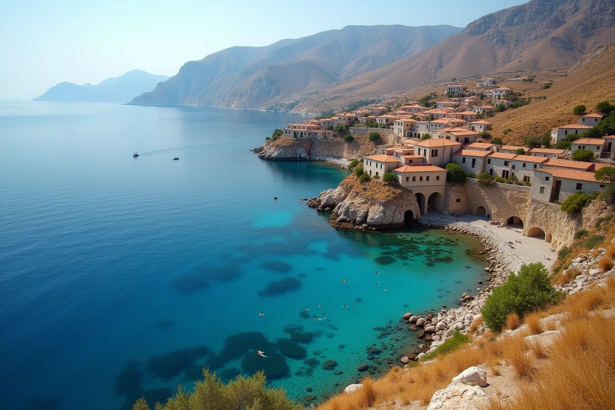 Vue panoramique du village de Limeni et de son littoral rocheux dans le Mani, baigneurs visibles dans une anse naturelle en contrebas
